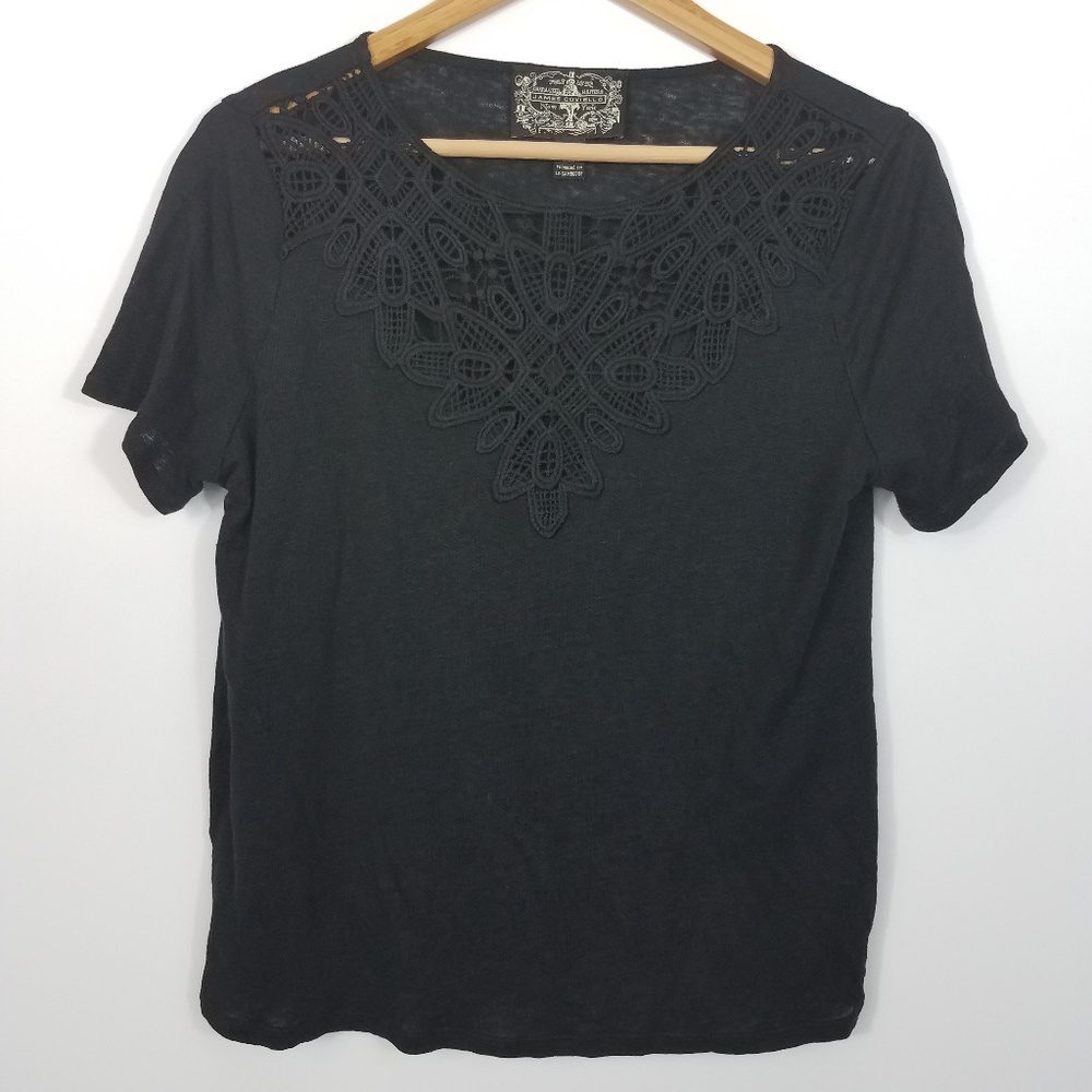 James Coviello Anthropologie Black Laced Linen Tee